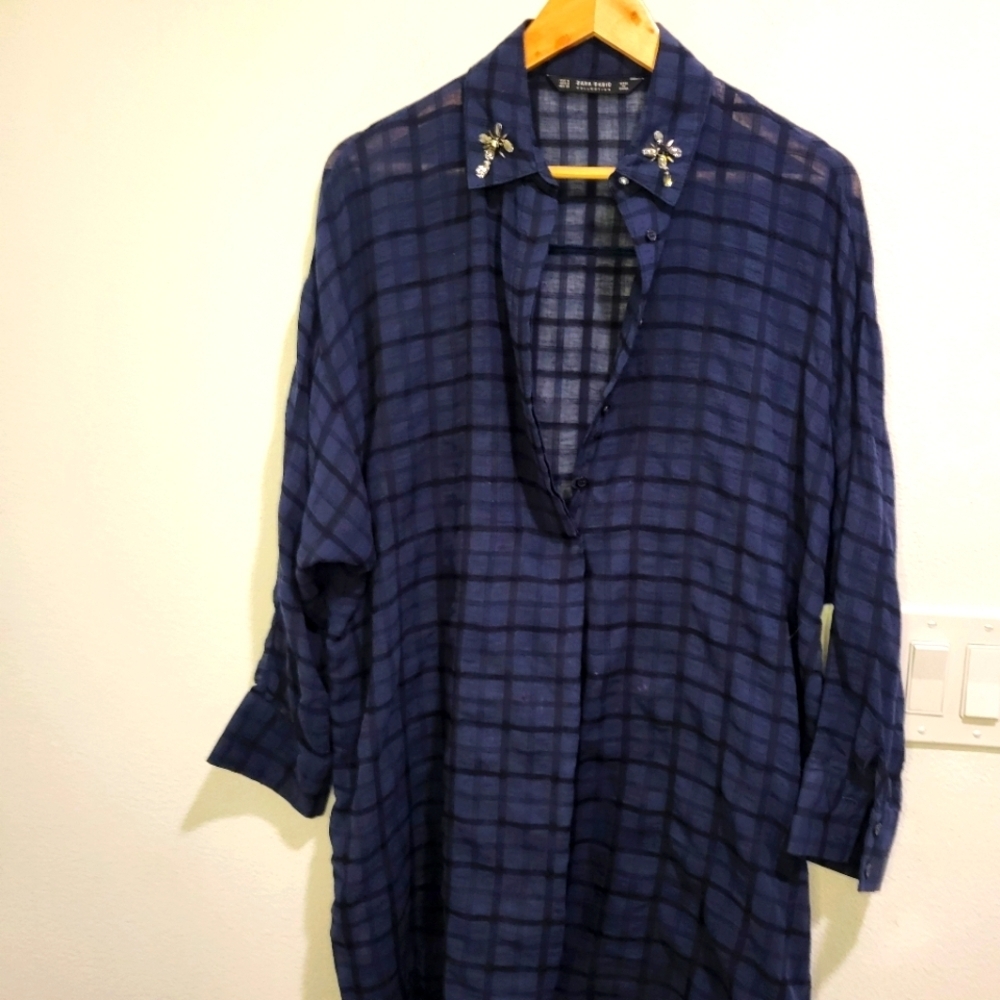 ZARA oversized sheer gingham button up shirt dress tunic oversized